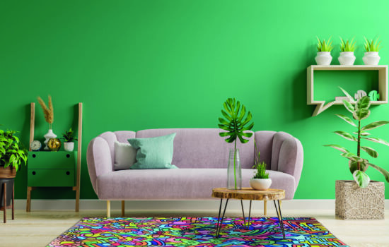 Green interior in modern interior of living room style with soft sofa and green wall,3d rendering